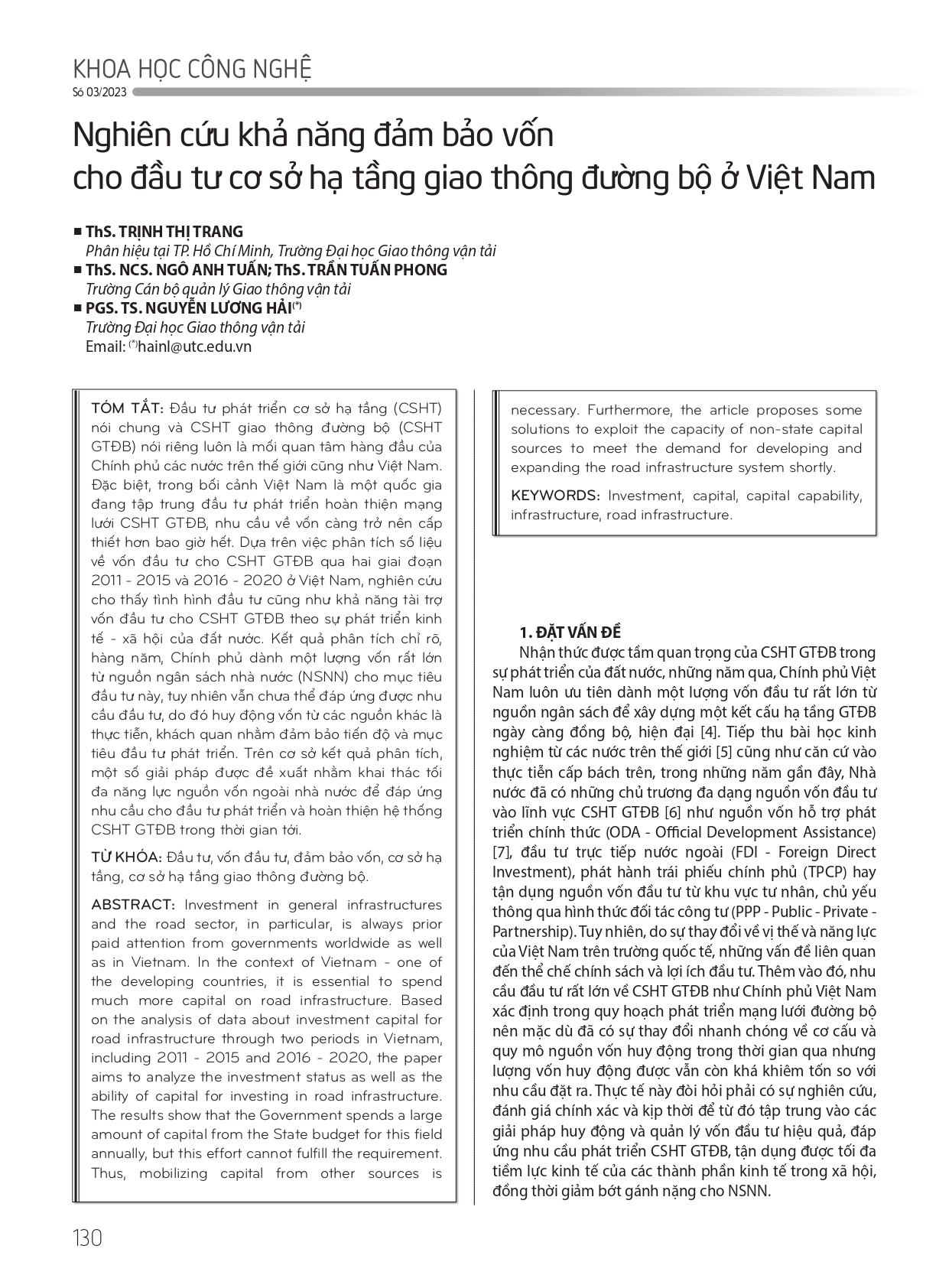 Nghiên cứu khả năng đảm bảo vốn cho Đầu tư cơ sở hạ tầng giao thông đường bộ ở Việt Nam