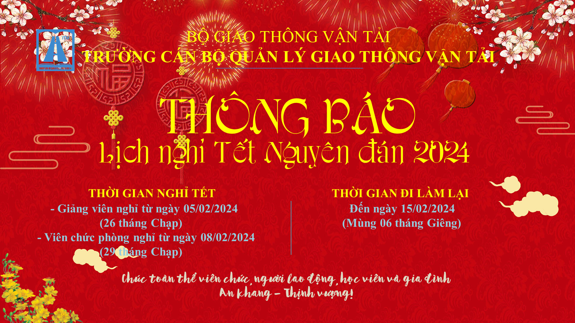 Thông báo lịch nghỉ Tết Nguyên đán 2024