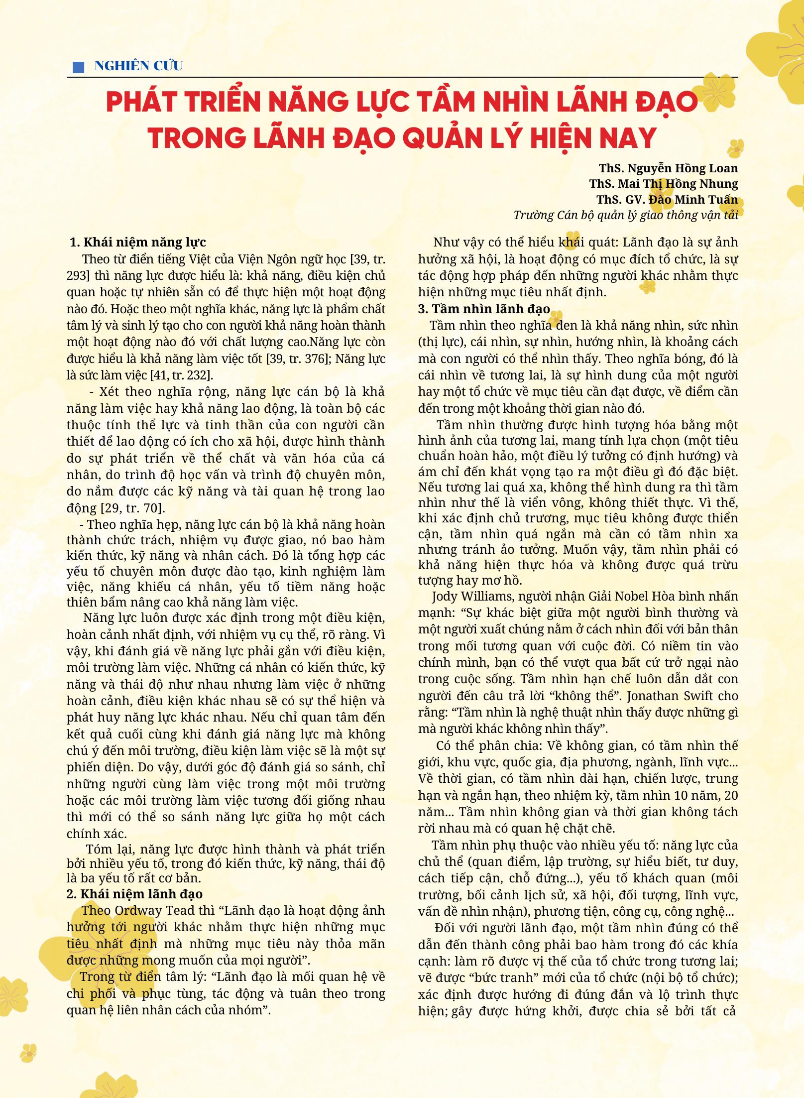 Phát triển năng lực tầm nhìn lãnh đạo trong lãnh đạo quản lý hiện nay