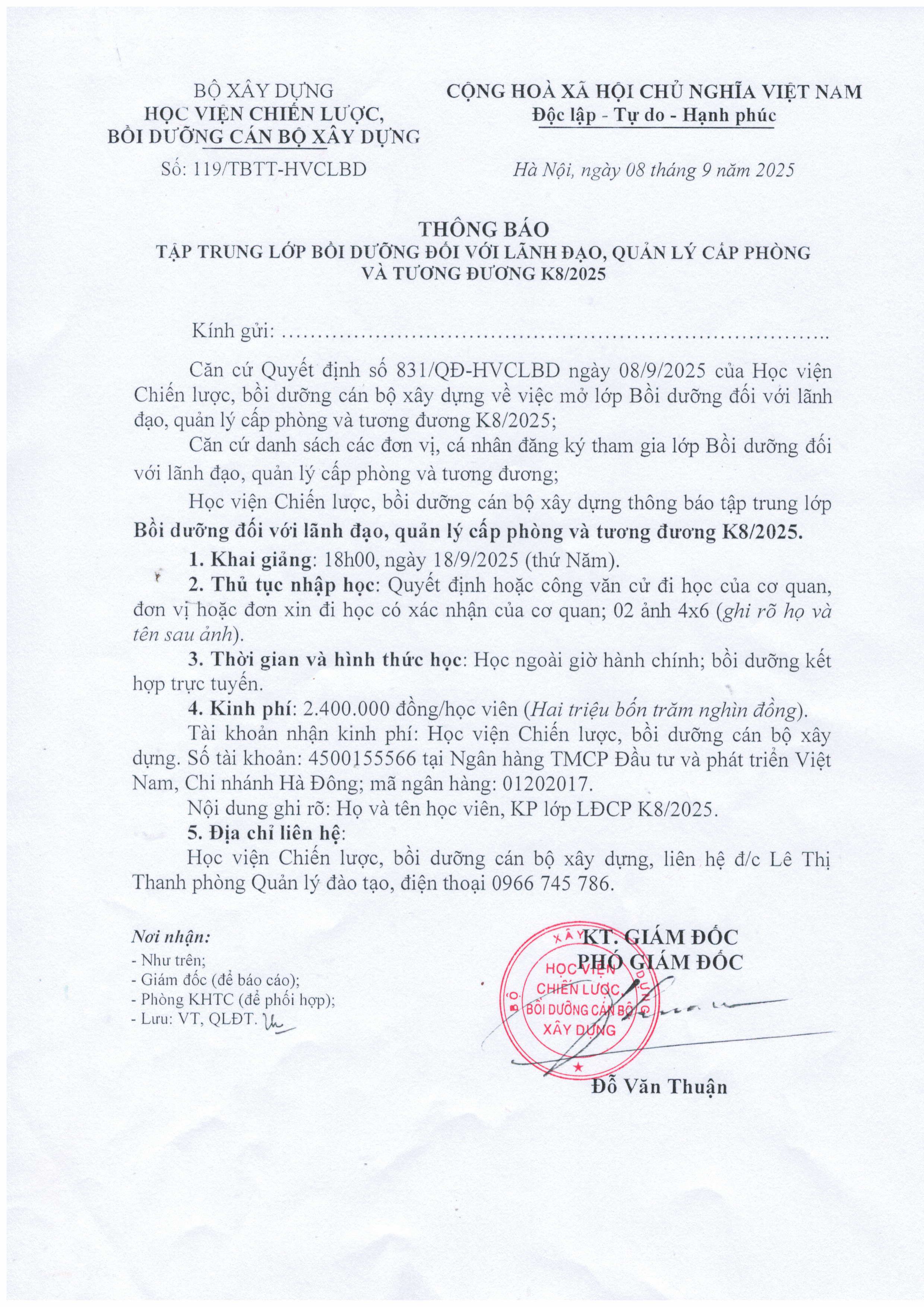 Bồi dưỡng đối với lãnh đạo, quản lý cấp phòng và tương đương K8 -  2025